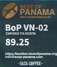 サザコーヒー：パナマ エンポリオ ティア・ロシータ ベスト・オブ・パナマ 2021年 バラエタル ナチュラル部門 第2位