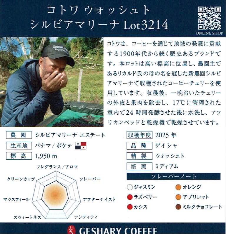 ゲシャリーコーヒー:パナマ コトワ ウォッシュト シルビアマリーナ Lot3214