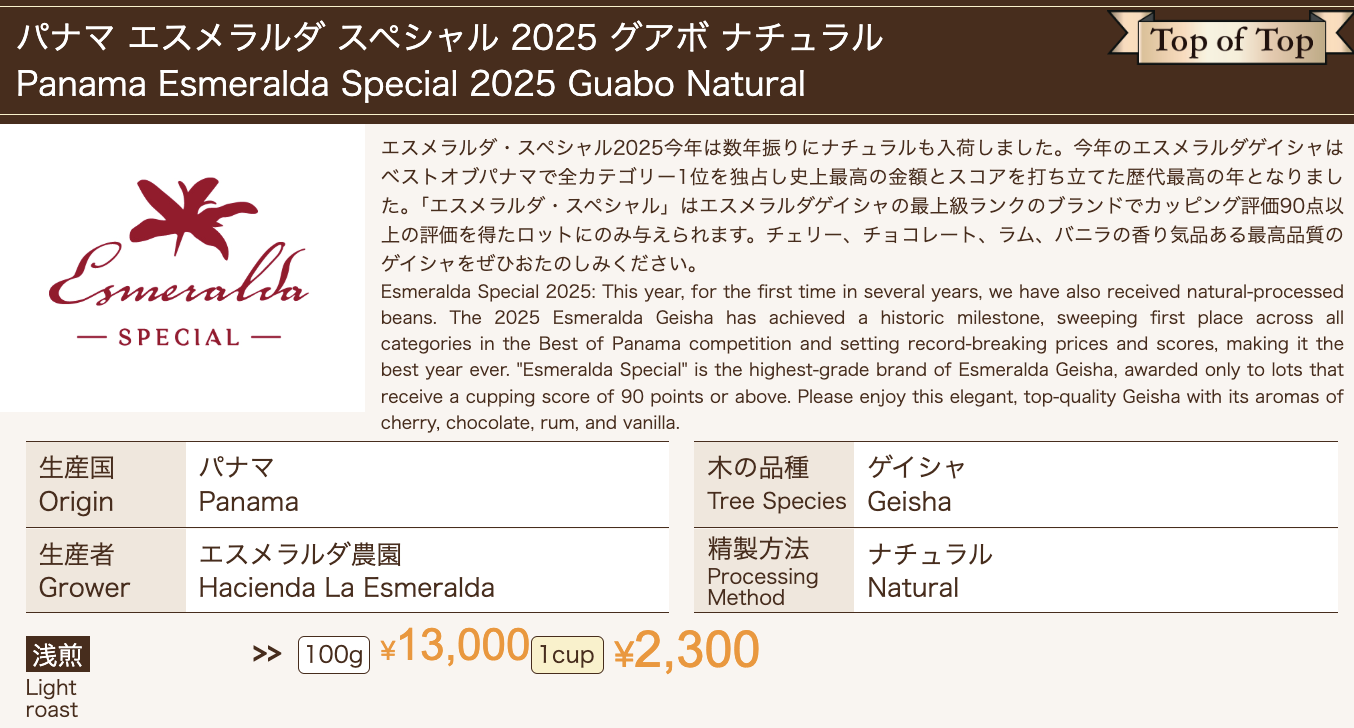 カフェ ランバン:パナマ エスメラルダ農園 ゲイシャ エスメラルダ・スペシャル 2025年 グアボ ナチュラル